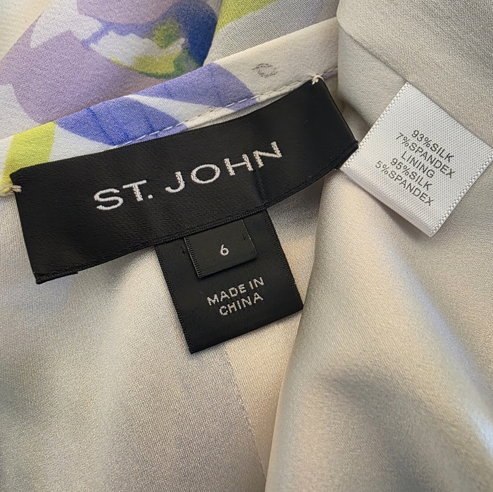 St John Santana Knit 3PC Suit Set Periwinkle Blazer/Shell/Silk Floral Skirt-SZ 6 - Picture 14 of 16